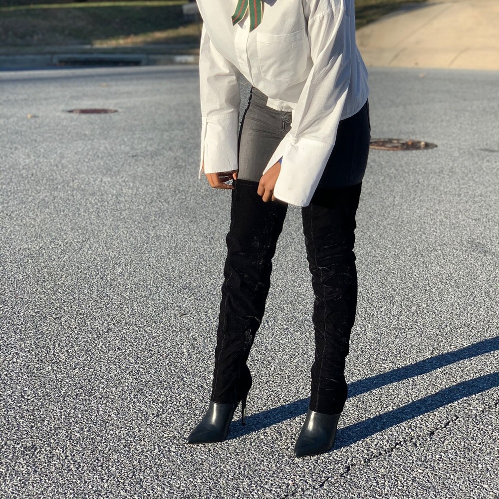 Thigh high velvet and faux leather boots